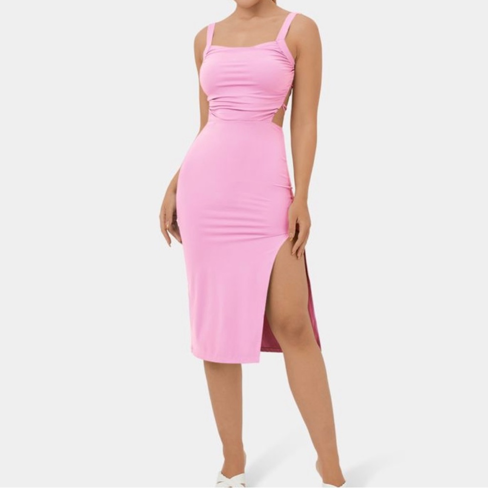 Halara Ruched Backless Crisscross Lace Up Split Bodycon Midi Dress